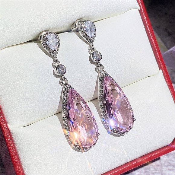 WATER DROP Pink CZ STONE PIERCED Dangle EARRINGS - Picture 4 of 6